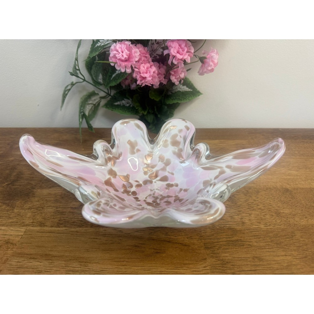 Vintage Pink White Cased Art Glass Bowl Gold Aventurine Hand Blown MCM Retro